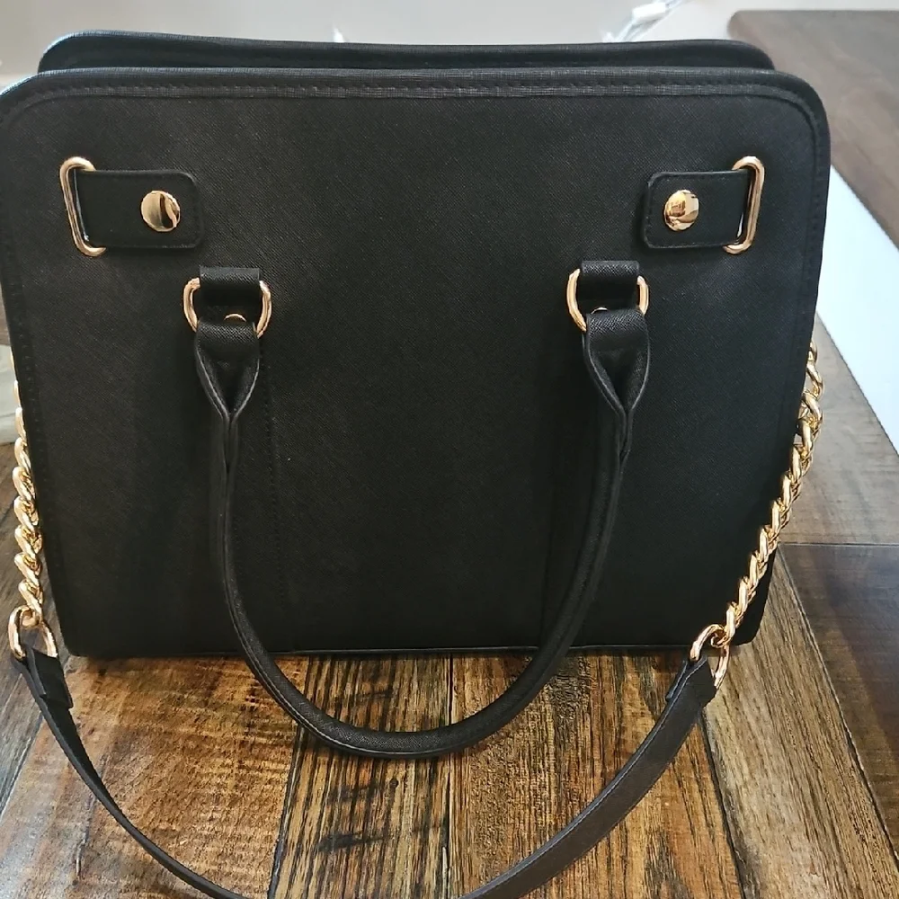 Elegant DS Black, Pink, and White Large Handbag‎ with Gold Accents....